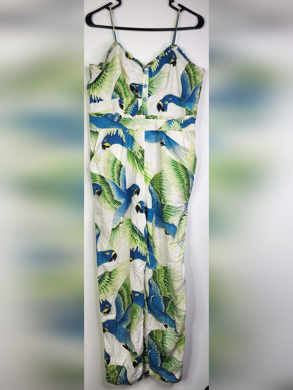 Spaghetti Strap Araras Jumpsuit, Large, Parrot Tropical Smocked Ruffle